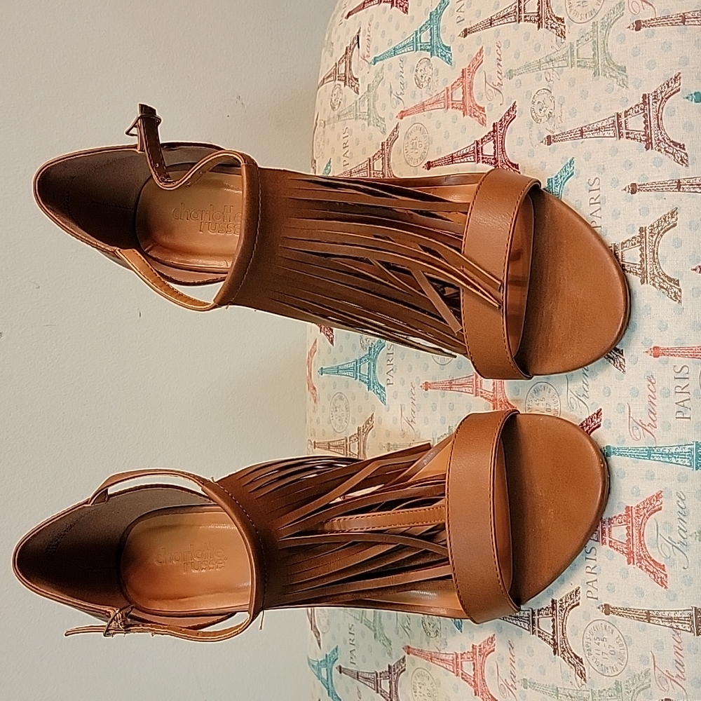 Charlotte Russe Brown Fringed T-Strap Open Toe Heels Size 10